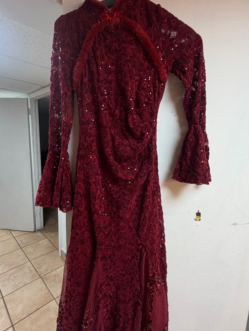 Burgundy Lace Sequin Long Sleeve Evening Dress
